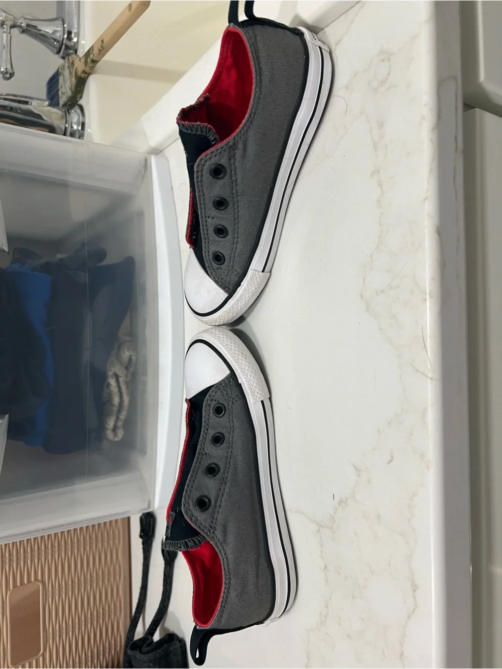 Converse Kids Grey & Black Slip-On Canvas Sneakers with Red Lining